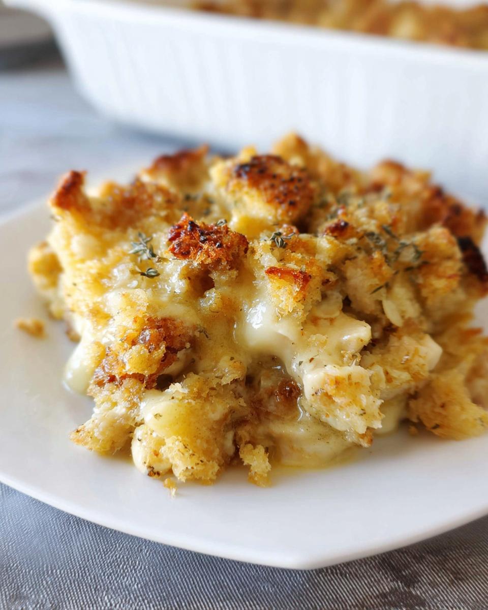 A close-up of a delicious slice of stuffing recipe on a white plate, with melted cheese oozing out.