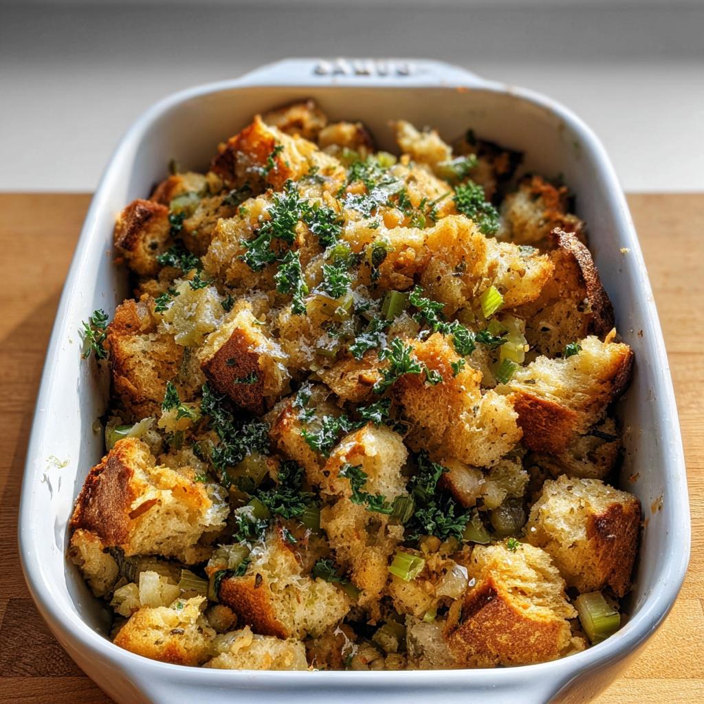 A close-up of a white baking dish filled with golden-brown stuffing, garnished with fresh parsley. This is a great stuffing recipe for meal prep.