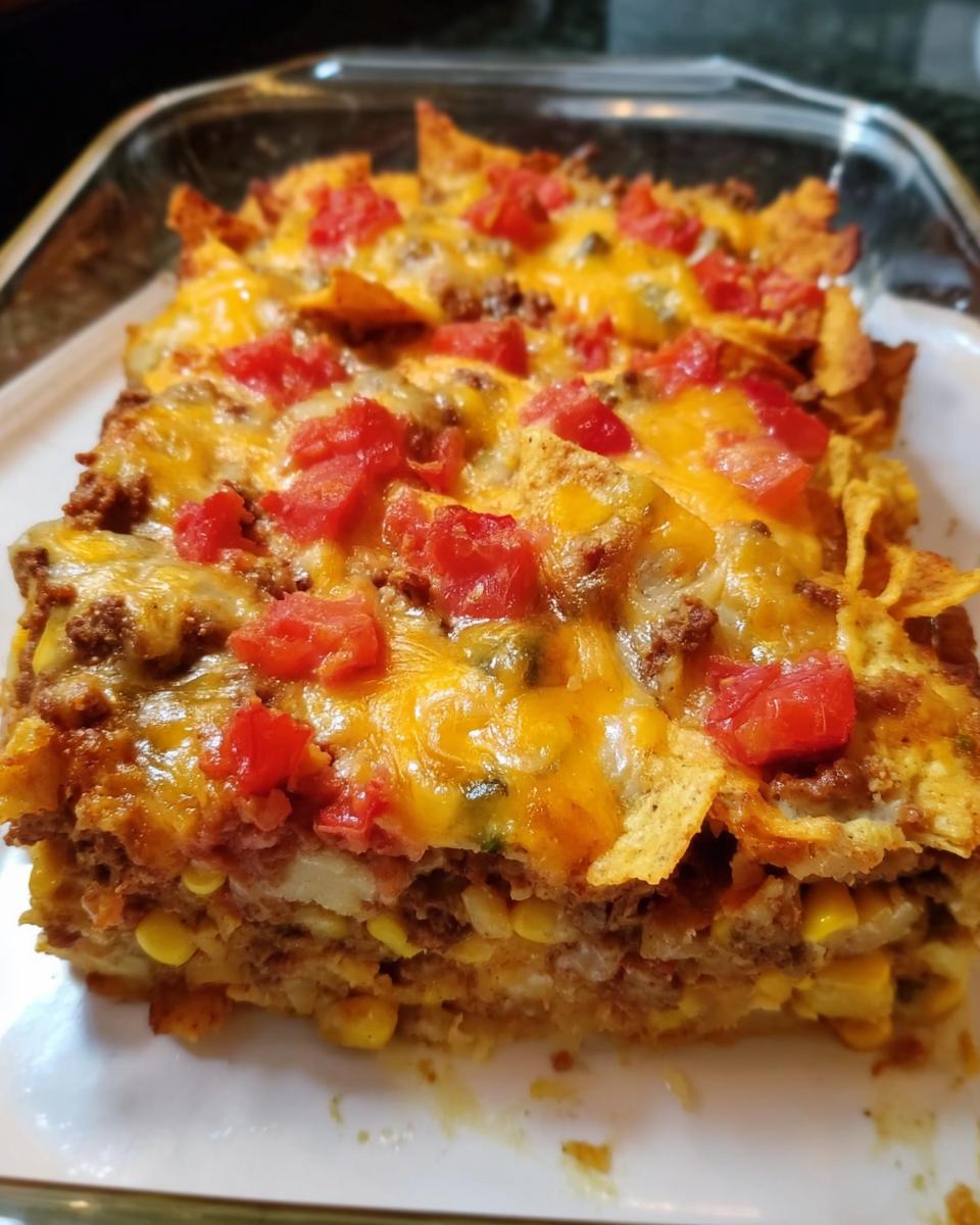 A close-up of a hearty Taco Tuesday casserole in a baking dish, layered with ground beef, corn, cheese, and tomatoes.
