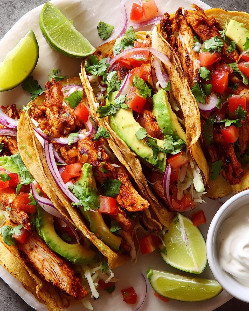 A close-up of several chicken tacos filled with shredded chicken, avocado, tomatoes, red onion, and cilantro, served with lime wedges.