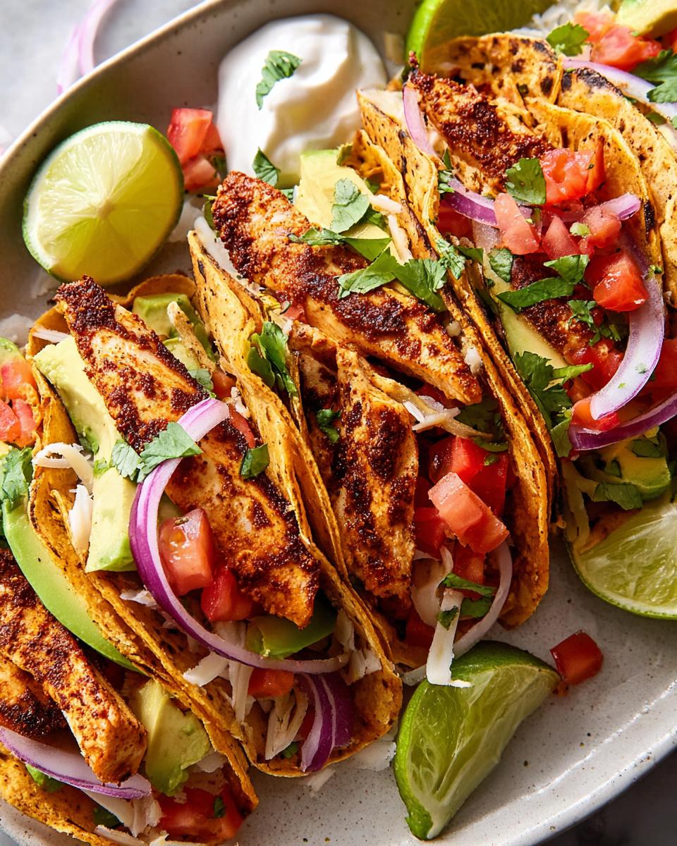 Close-up of several chicken tacos filled with shredded chicken, avocado, tomato, red onion, and cilantro, served with lime wedges and sour cream.