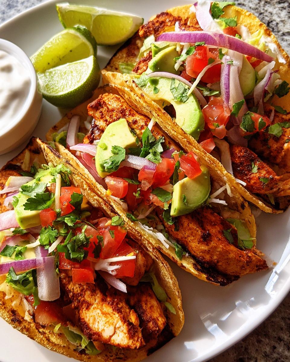A plate of three chicken tacos, generously filled with avocado, tomato, red onion, and cilantro, served with lime wedges and a side of crema.