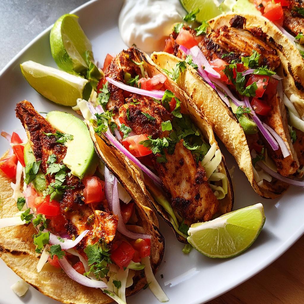 A plate of flavorful chicken tacos, a perfect Taco Tuesday Recipes meal prep option, with fresh toppings and lime wedges.