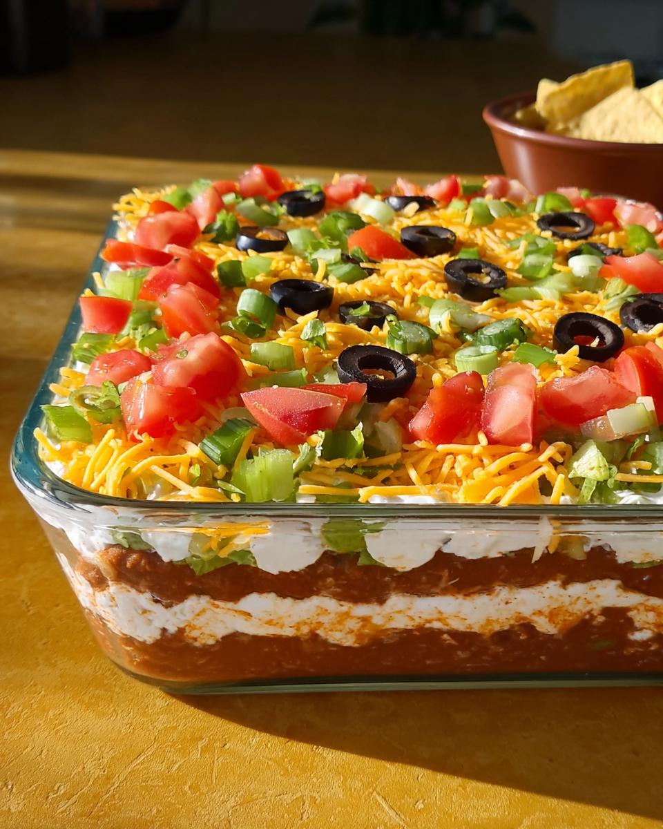 A delicious layered taco dip, perfect for Taco Tuesday recipes, topped with tomatoes, olives, and cheese.