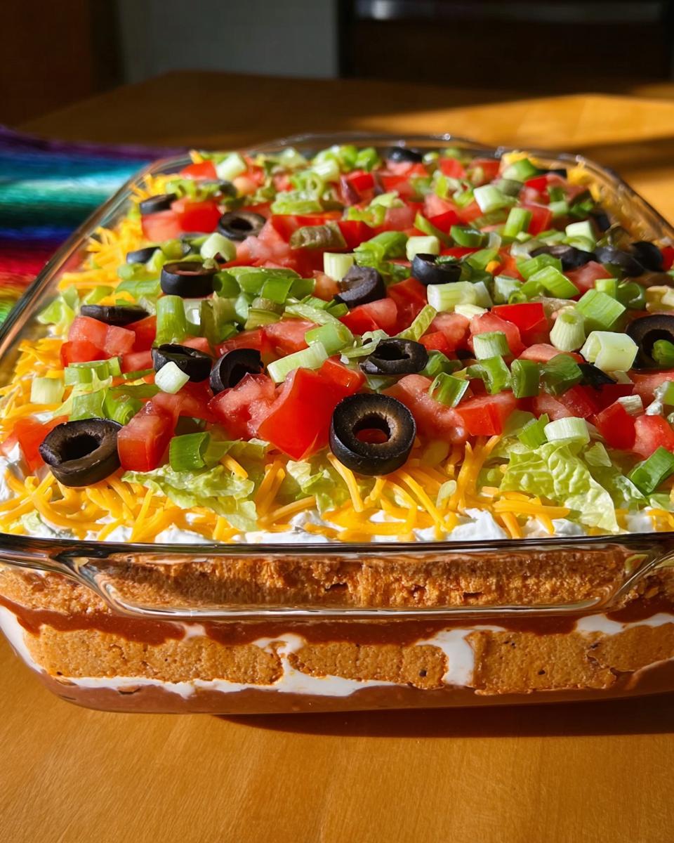 A delicious layered taco dip, perfect for Taco Tuesday recipes, topped with lettuce, cheese, tomatoes, olives, and green onions.