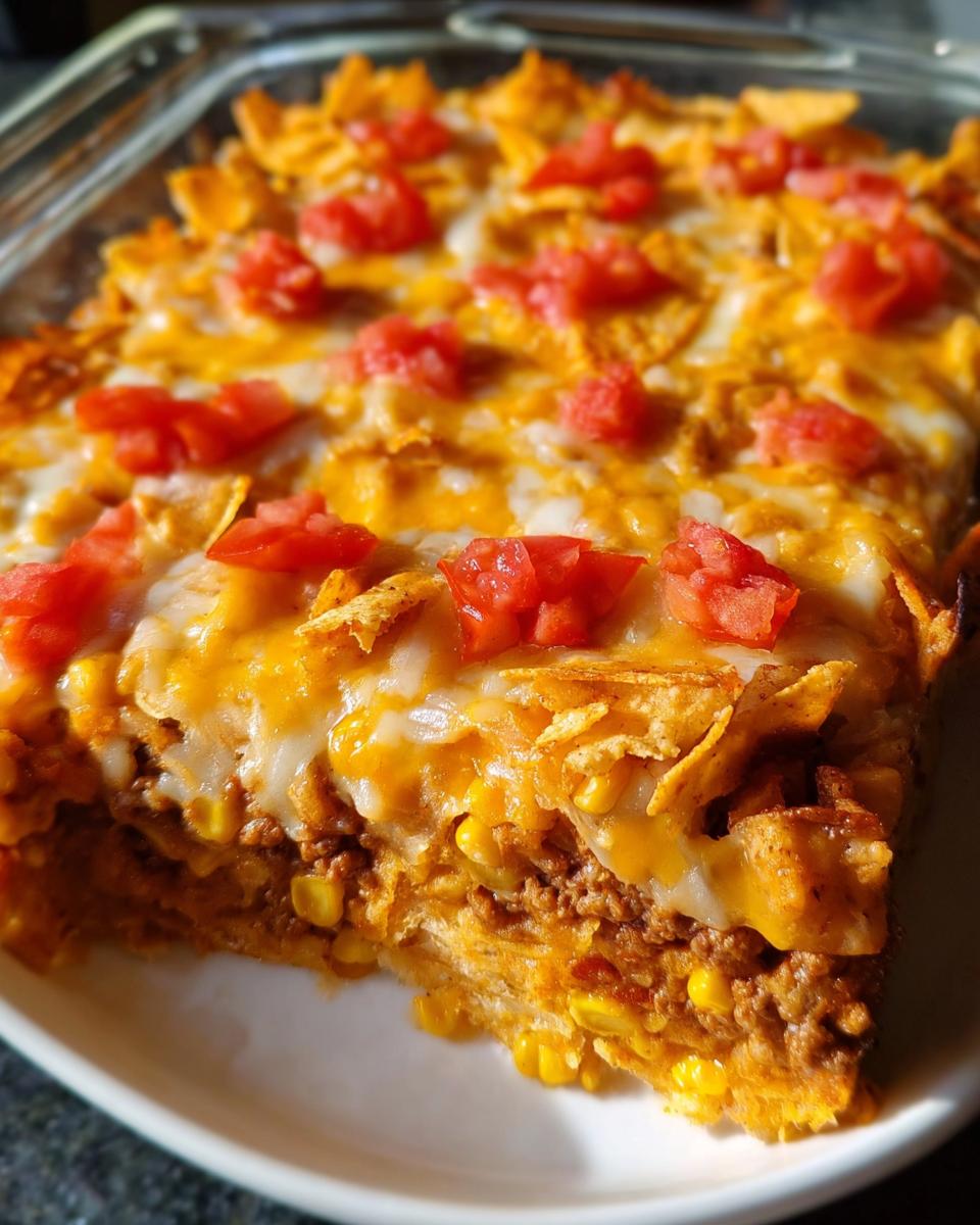A slice of a layered Taco Tuesday recipe casserole with ground meat, corn, cheese, and crushed tortilla chips, topped with diced tomatoes.