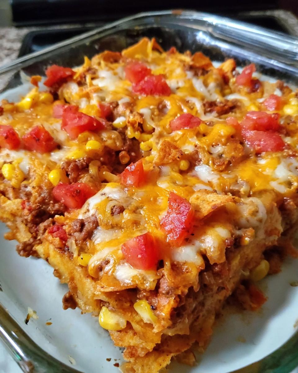 A delicious Taco Tuesday recipe casserole with seasoned ground beef, corn, crushed tortilla chips, melted cheese, and diced tomatoes.