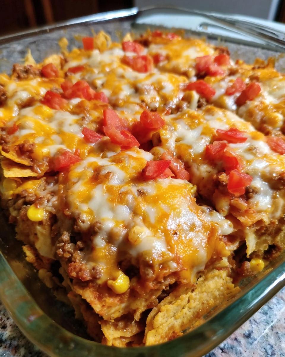 A close-up of a baked Taco Tuesday recipe casserole in a glass dish, topped with melted cheese, ground beef, corn, and diced tomatoes.