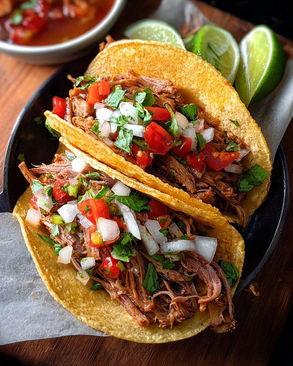 Two mouthwatering tacos filled with shredded meat, topped with diced tomatoes, onions, and cilantro, perfect for Taco Tuesday Recipes.