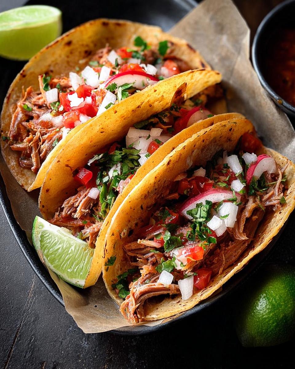 Three delicious shredded meat tacos topped with diced tomatoes, onions, cilantro, and radishes, served with lime wedges for Taco Tuesday.