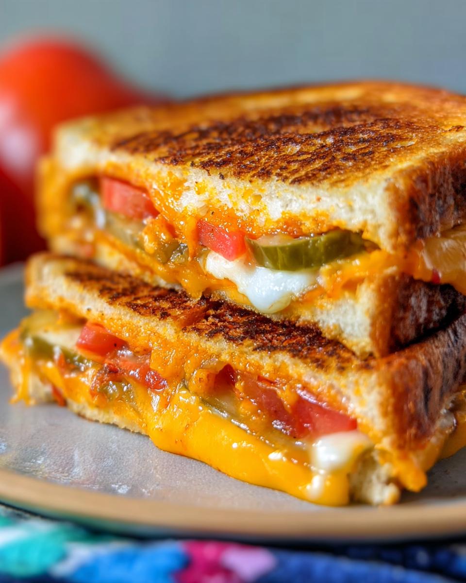 A stack of two halves of a grilled cheese sandwich filled with melted cheese, tomato slices, and pickles.
