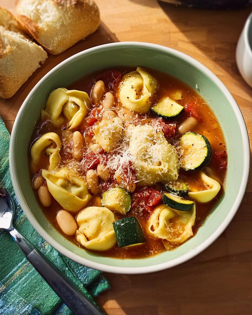A bowl of tortellini soup with beans, zucchini, and tomatoes, topped with grated cheese. One of 15 Genius Soup Recipes.