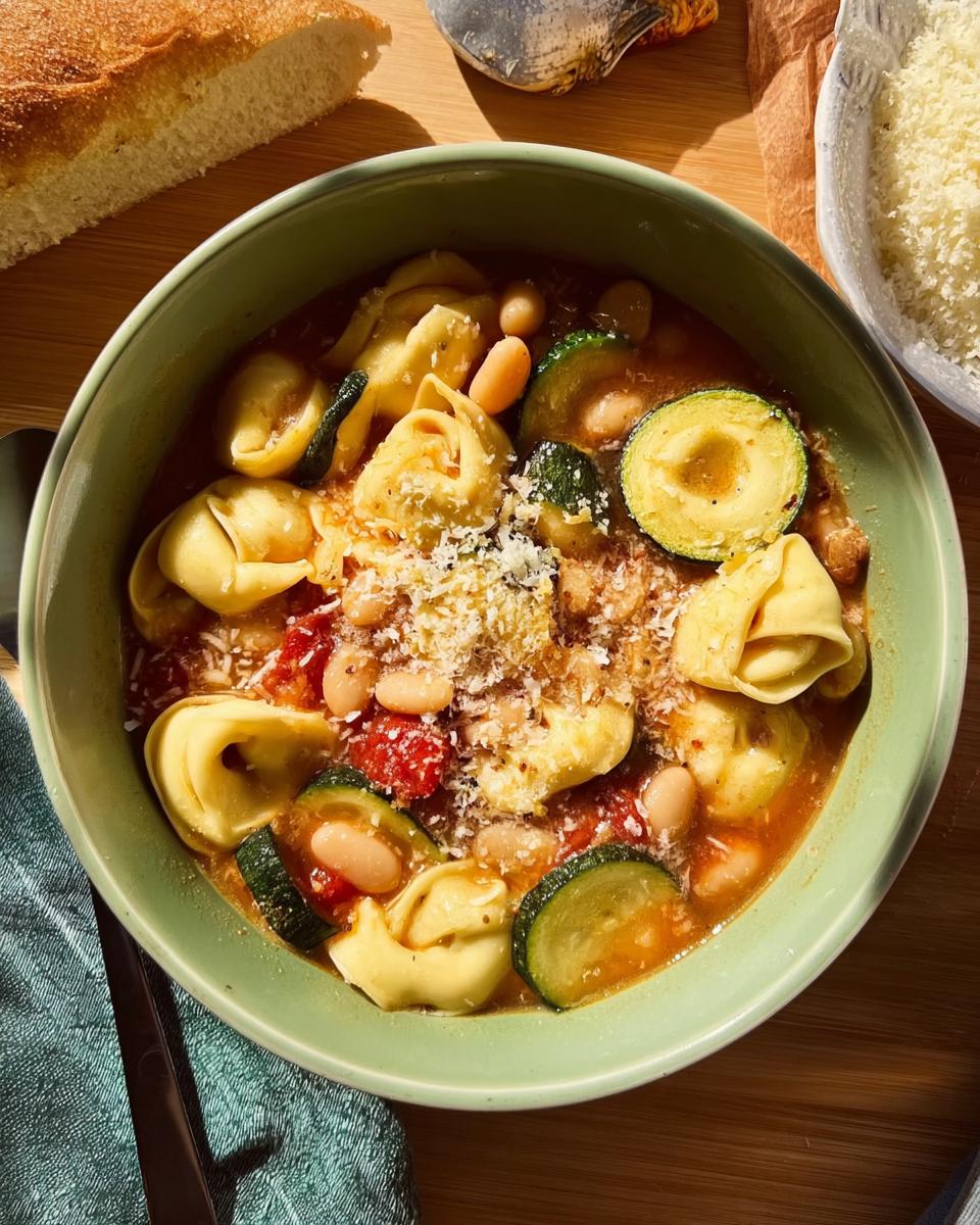 A bowl of tortellini soup with zucchini, white beans, and tomatoes, topped with grated cheese. A genius soup recipe for busy weeknights.