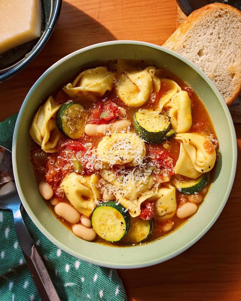 A bowl of tortellini soup with zucchini, white beans, and tomatoes, topped with grated Parmesan cheese. A genius soup recipe idea.
