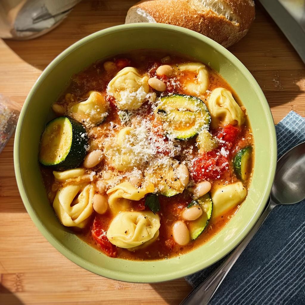 A delicious bowl of tortellini soup with zucchini, beans, and tomatoes, topped with grated cheese. A perfect weeknight meal.