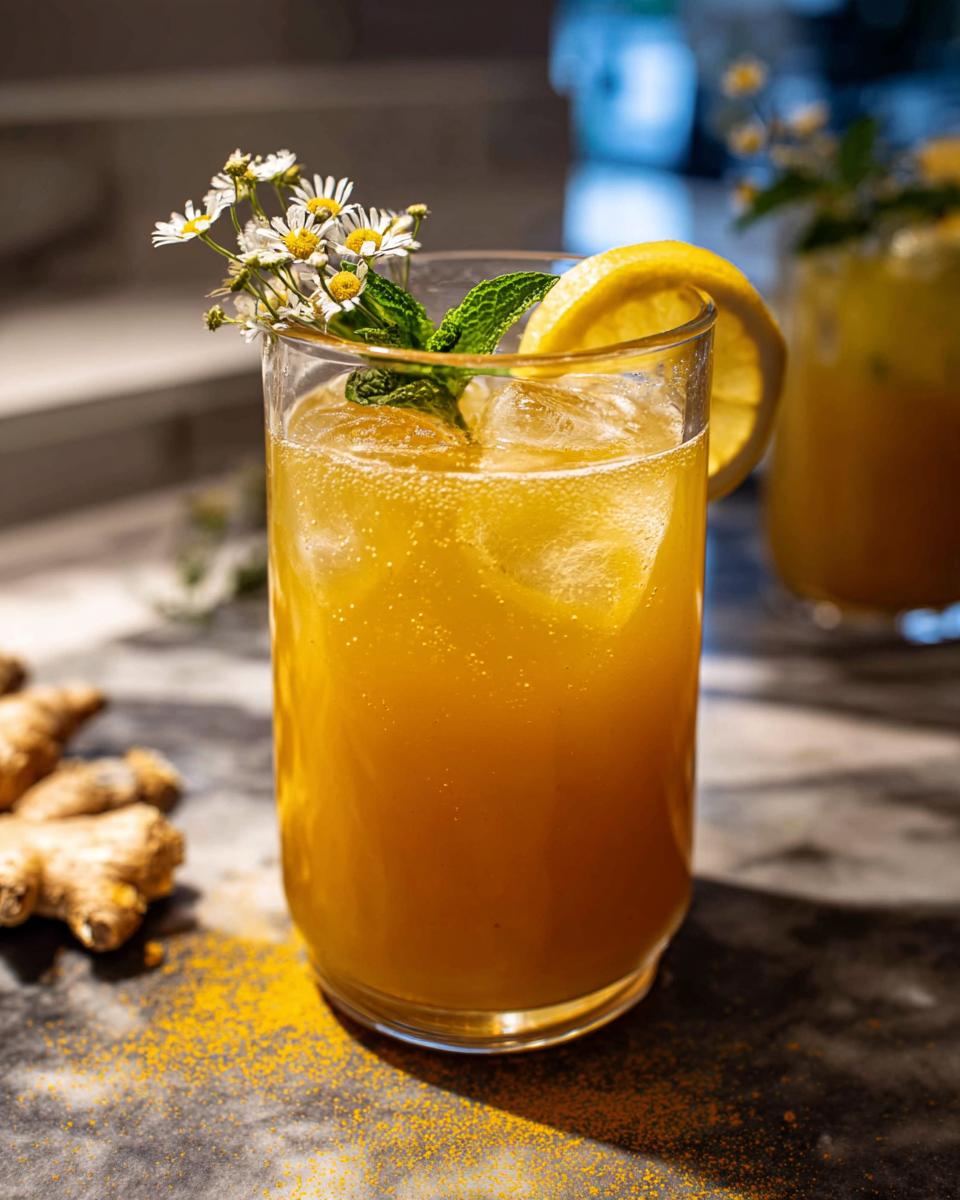 A vibrant turmeric ginger drink with ice, garnished with lemon, mint, and chamomile flowers, perfect for Restaurant-Style Healthy Meals Recipes at Home.