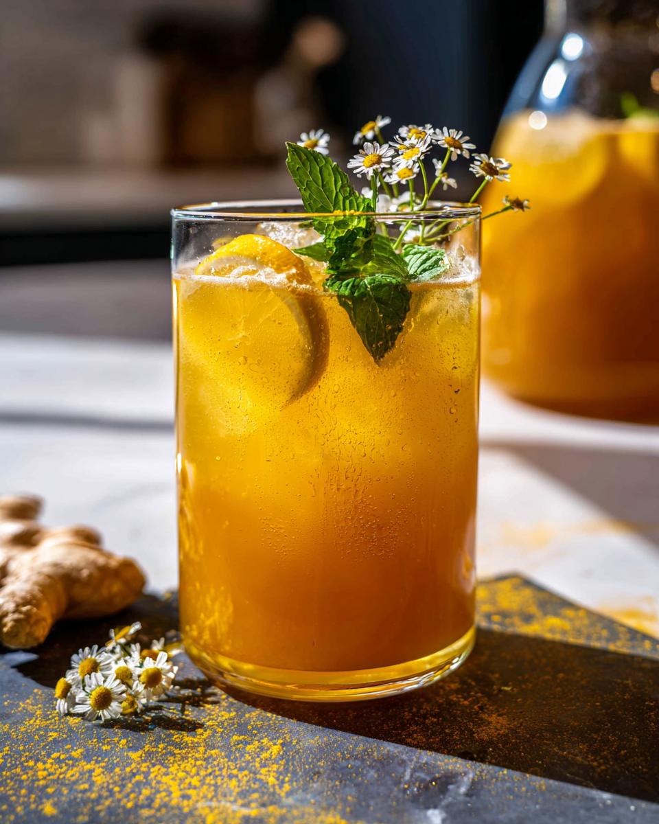 A refreshing golden turmeric ginger drink with lemon, mint, and chamomile flowers, part of Restaurant-Style Healthy Meals Recipes at Home.