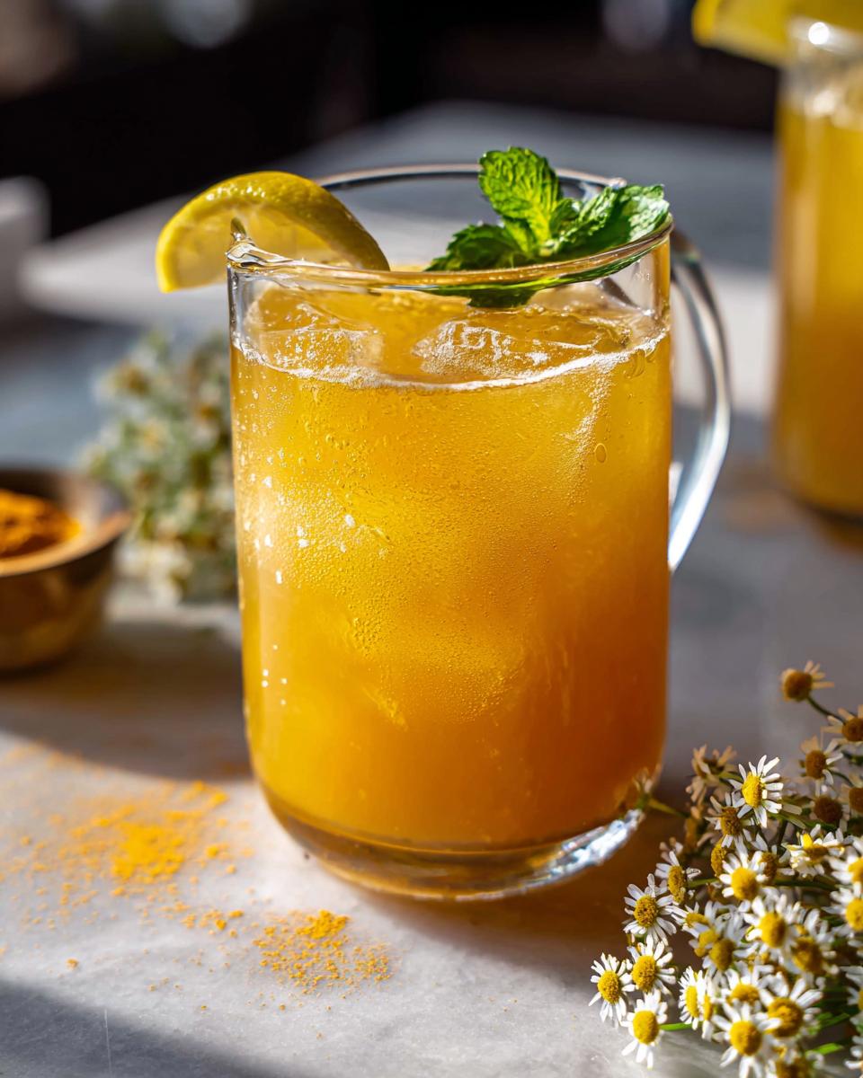 A glass of vibrant turmeric lemonade with ice, garnished with lemon and mint, perfect for Restaurant-Style Healthy Meals Recipes at Home.
