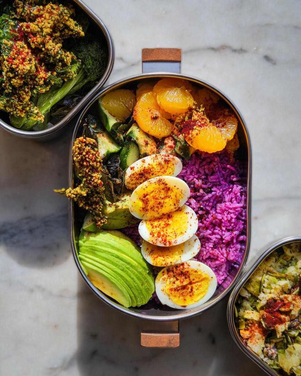 A bento box filled with sliced boiled eggs, avocado, purple rice, oranges, and vegetables, part of The Ultimate Egg Recipes Guide for Beginners.