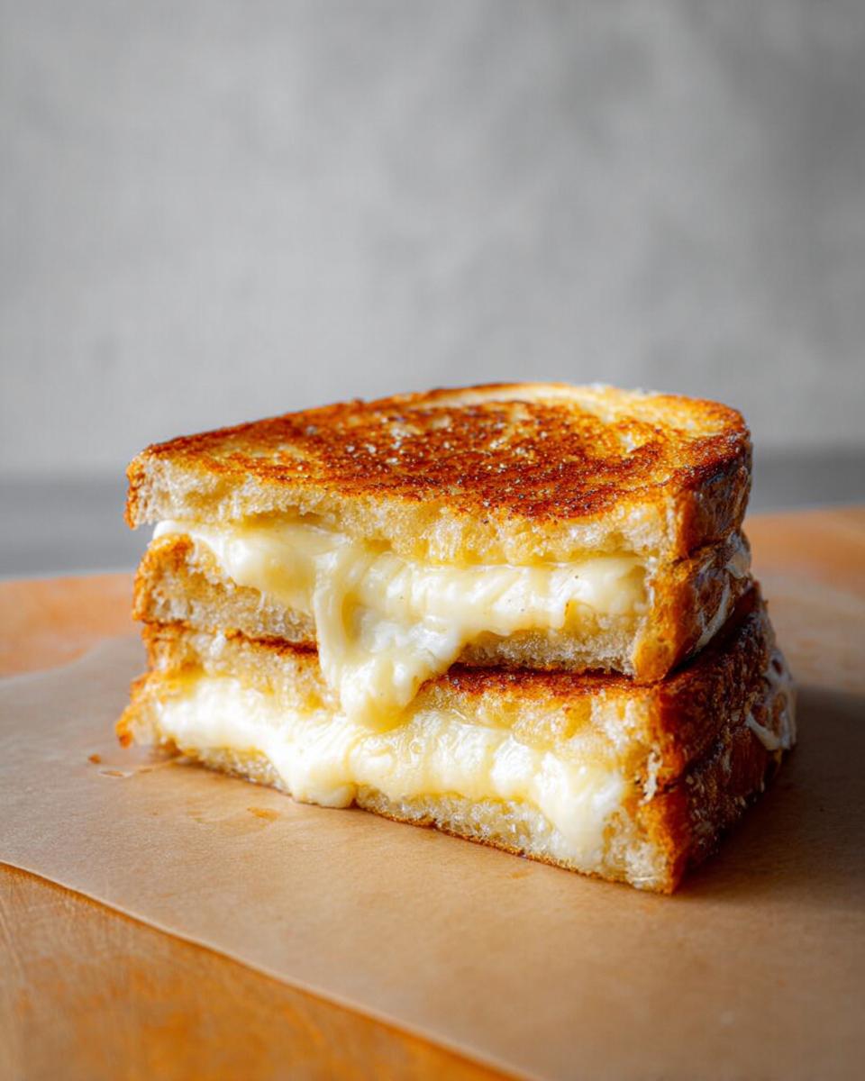Close-up of two stacked grilled cheese sandwiches with melted cheese oozing out, a perfect beginner recipe.