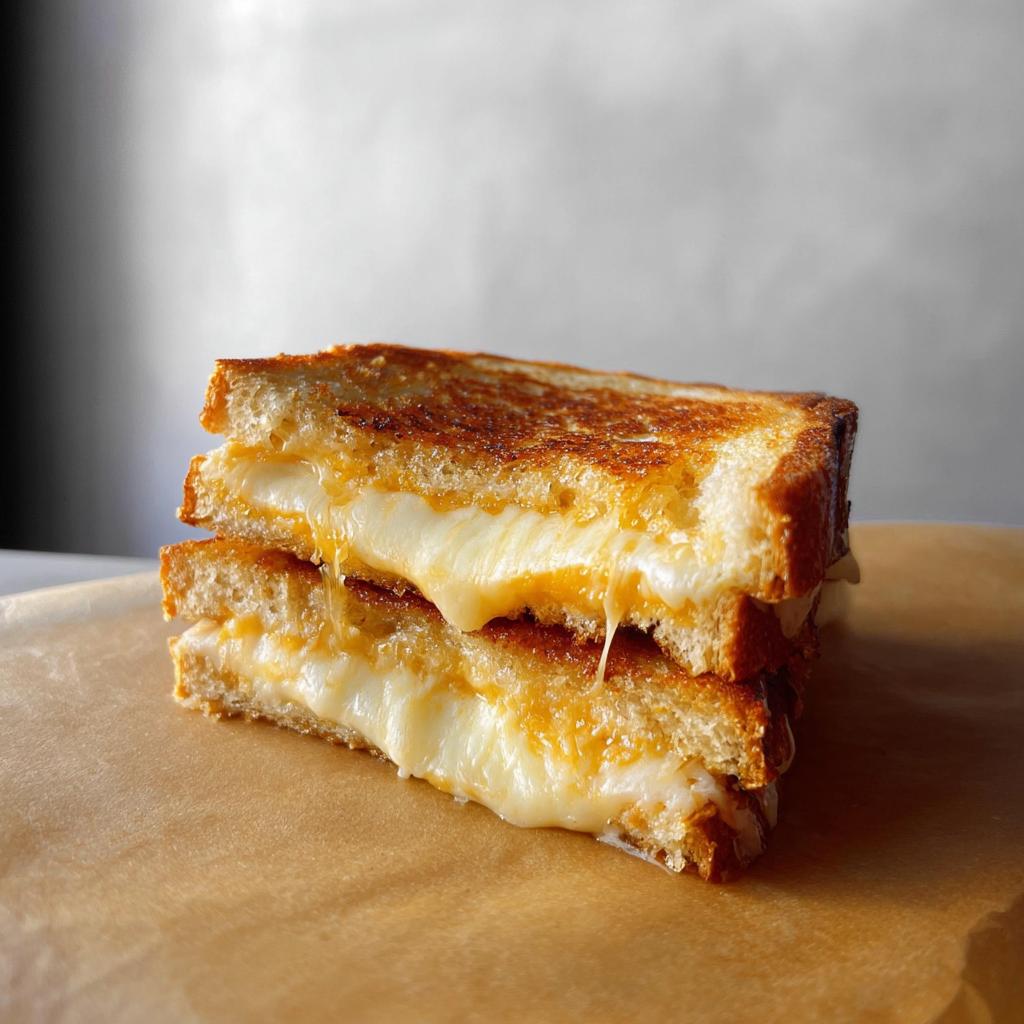 Close-up of a perfectly grilled cheese sandwich, cut in half, with gooey melted cheese oozing out.
