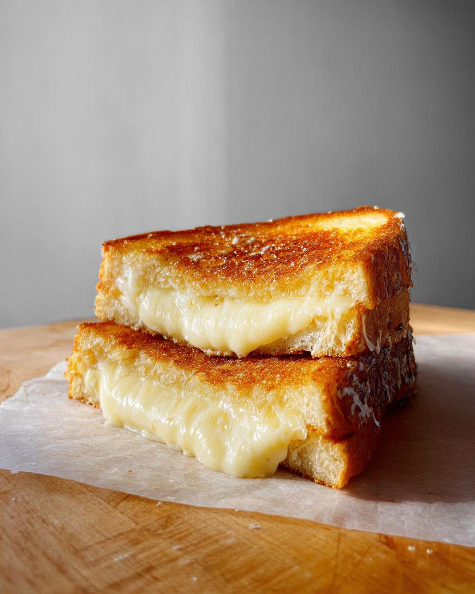 Two halves of a golden-brown grilled cheese sandwich stacked, with melted cheese oozing out.