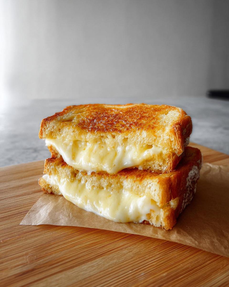 A close-up of two perfectly grilled cheese sandwiches stacked on a wooden board, with gooey melted cheese oozing out.