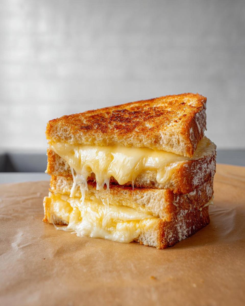 A stack of three perfectly grilled cheese sandwiches with gooey, melted cheese dripping out.