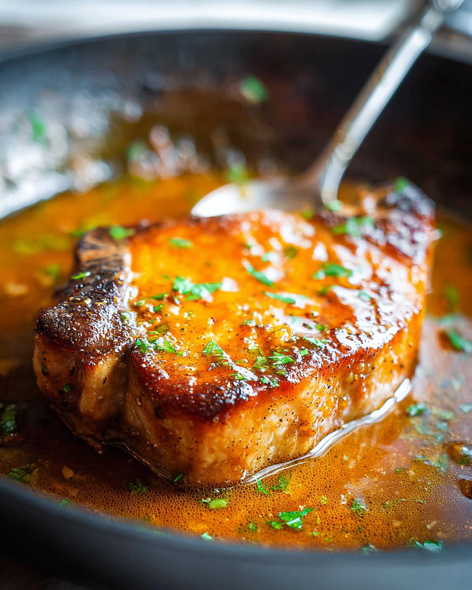 A perfectly cooked pork chop sits in a rich pan sauce, garnished with fresh herbs, in a cast iron skillet.