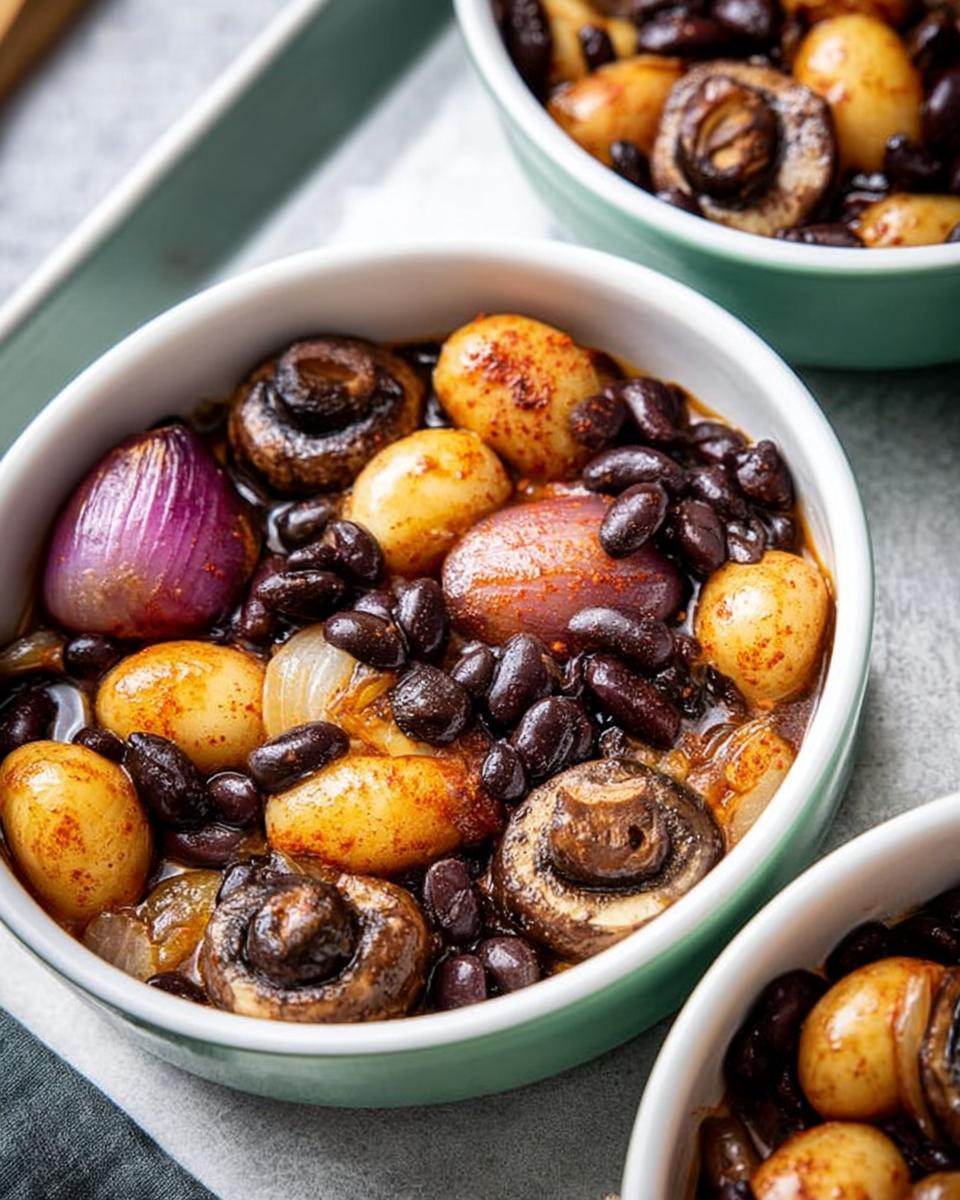 A close-up of a delicious veggie sides recipe featuring black beans, roasted potatoes, mushrooms, and red onion.