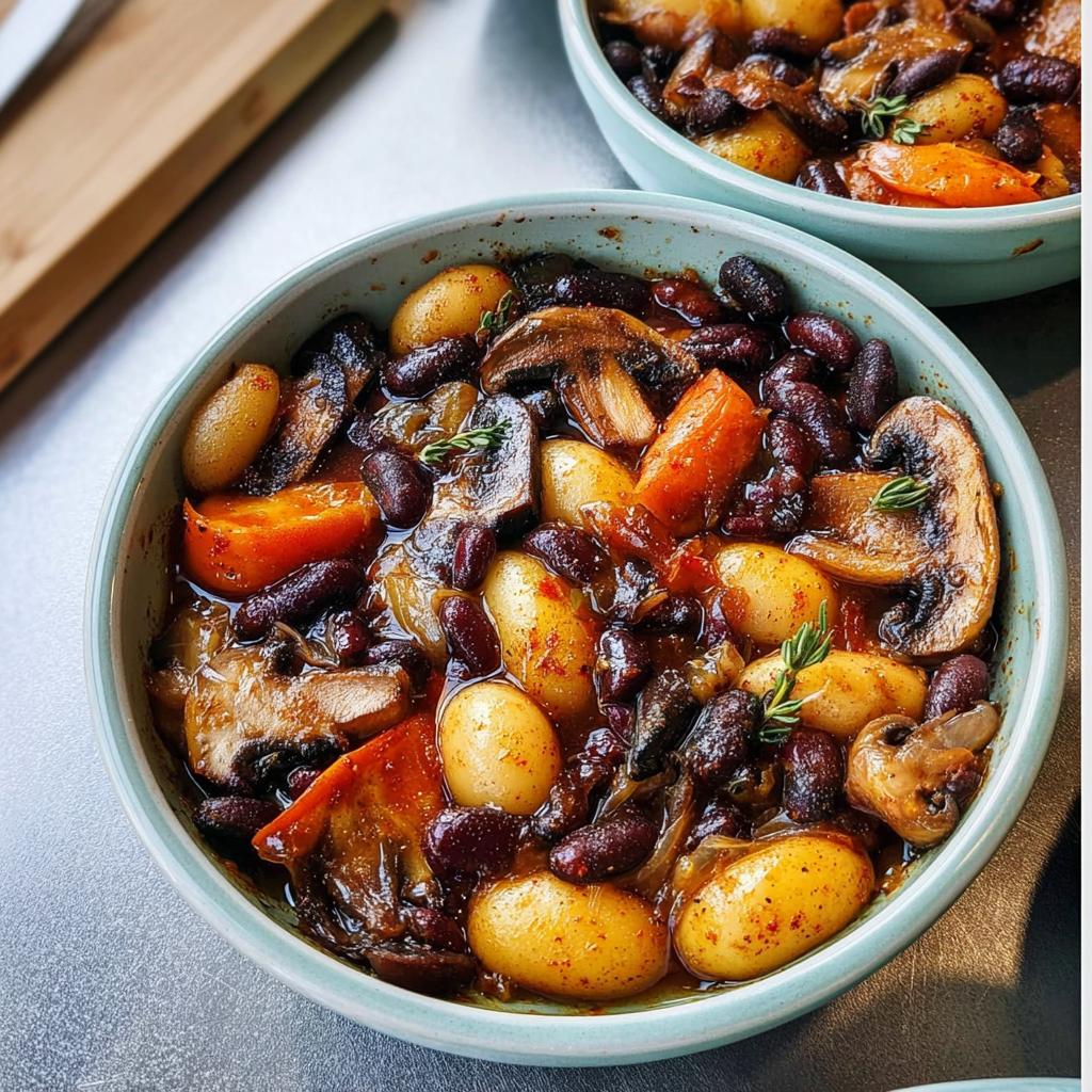 A close-up of a bowl filled with a hearty veggie sides recipe featuring potatoes, kidney beans, mushrooms, and carrots.