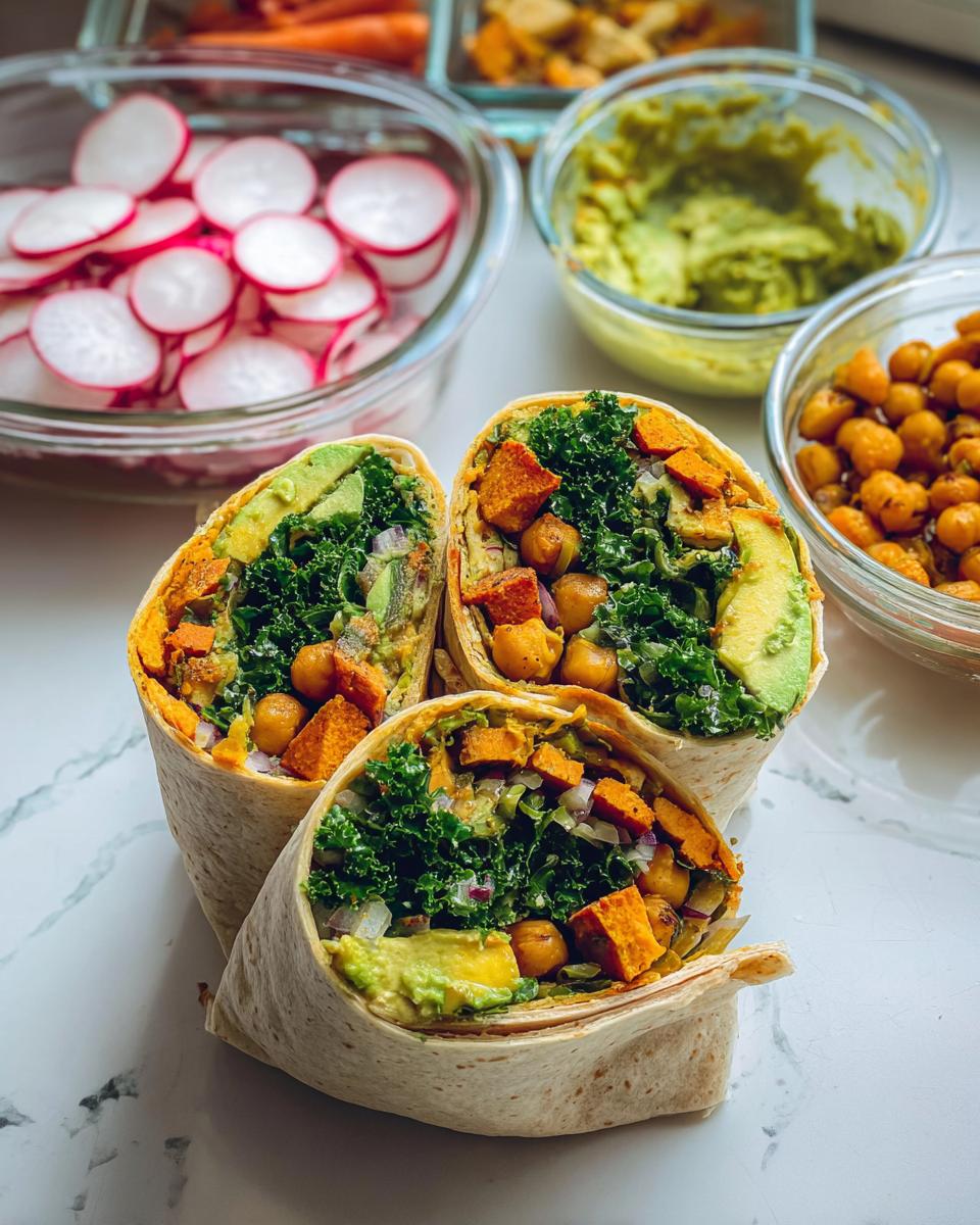Close-up of three meal prep wraps filled with avocado, kale, sweet potato, and chickpeas.
