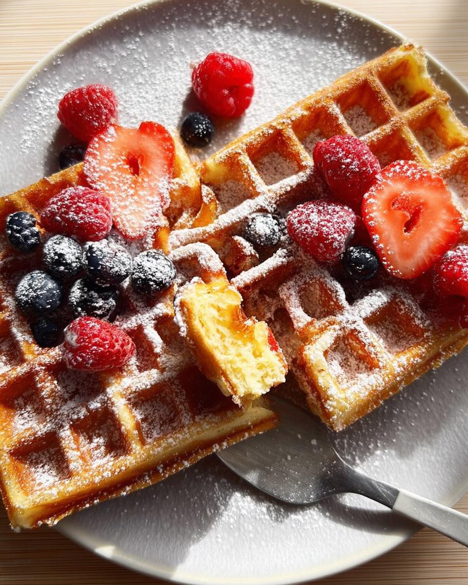 Close-up of golden waffles topped with fresh raspberries, blueberries, and sliced strawberries, dusted with powdered sugar.