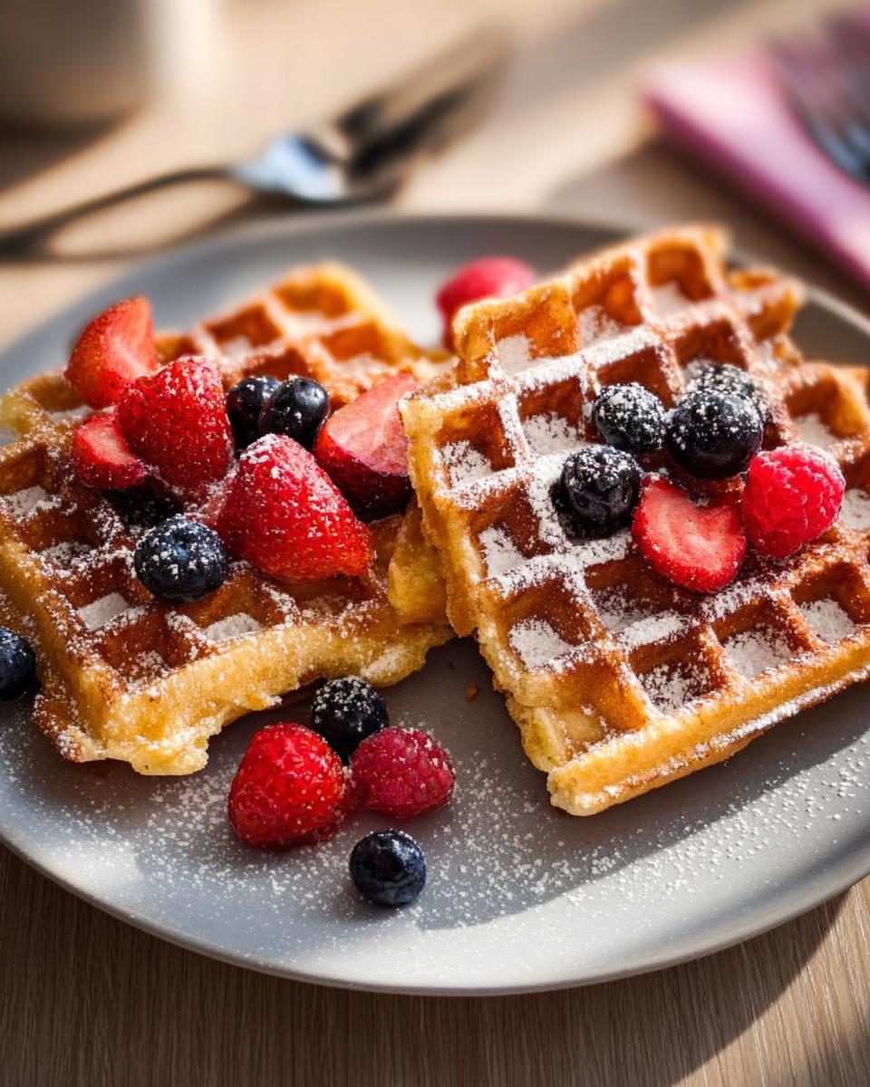 Close-up of golden waffles topped with fresh strawberries, blueberries, and raspberries, dusted with powdered sugar. A perfect breakfast idea.