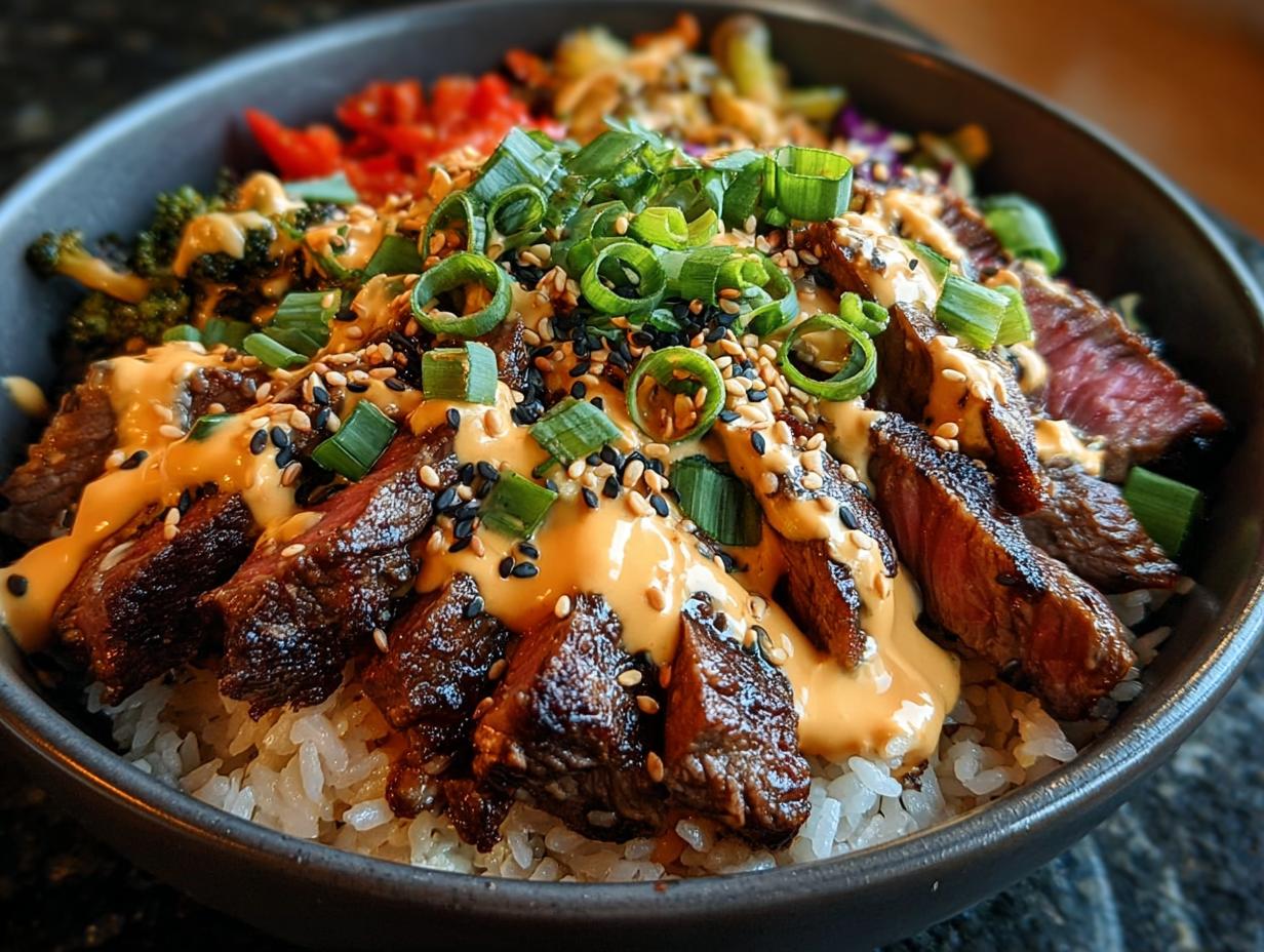 Amazing Korean BBQ Steak Rice Bowls with Spicy Cream Sauce