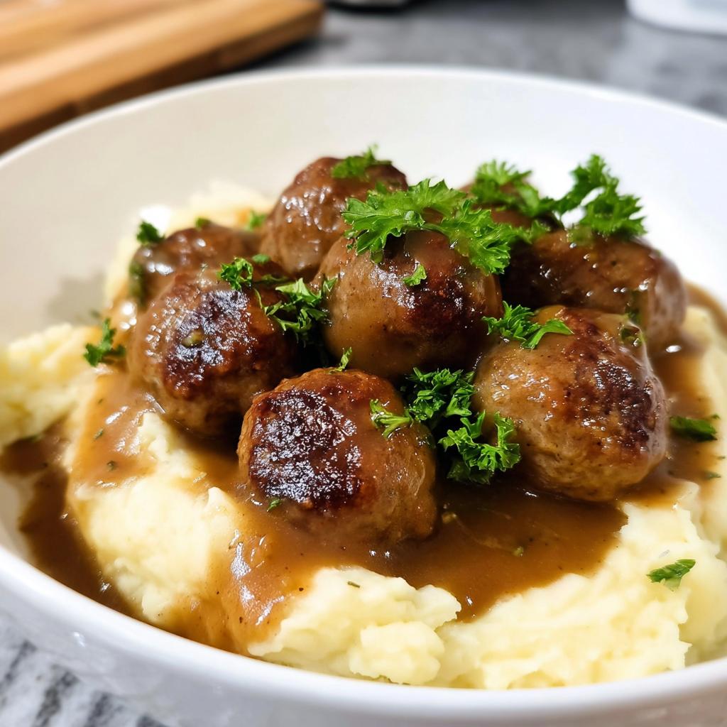 Salisbury Steak Meatballs with Garlic Herb Mashed Potatoes - Tasty