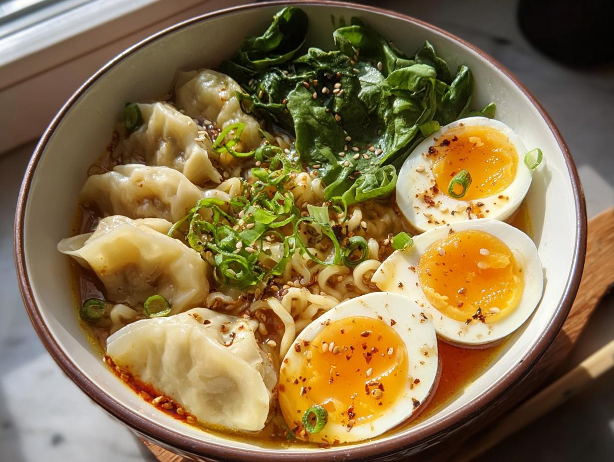 Amazing Savory Dumpling Ramen Bowl with Soft-Boiled Eggs