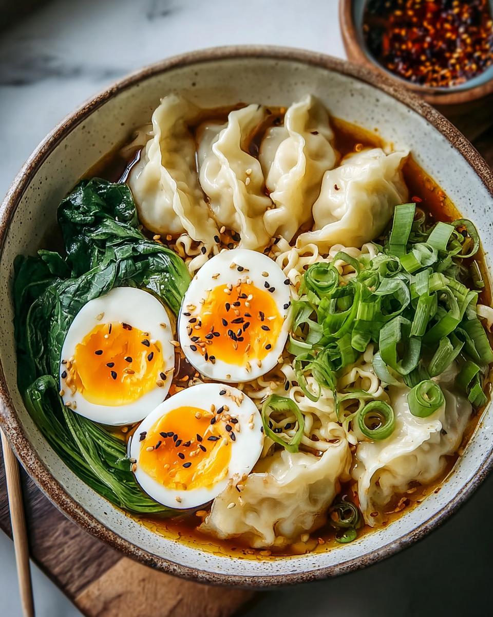 Savory Dumpling Ramen Bowl with Soft-Boiled Eggs and Fresh Greens - Other 1
