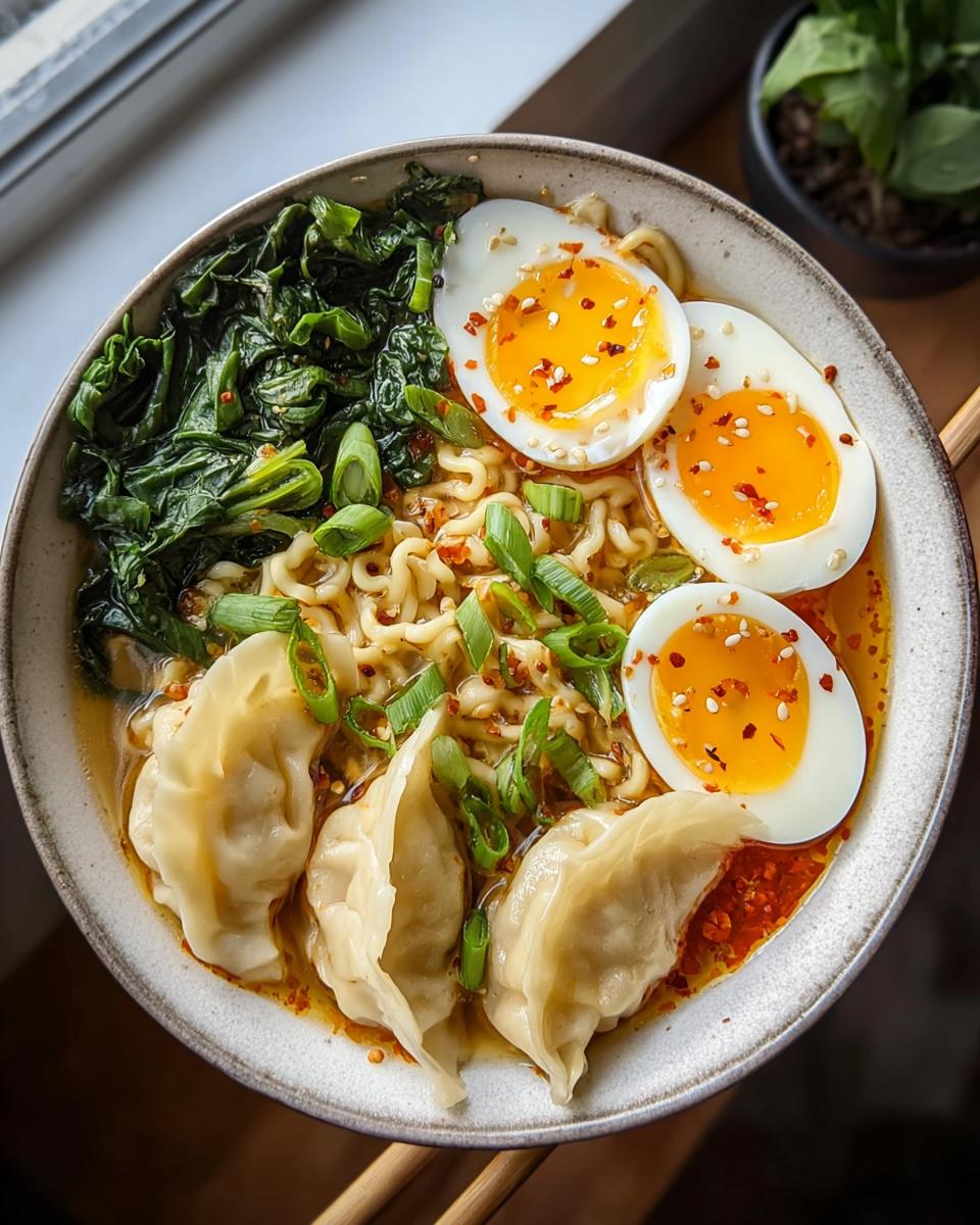 Savory Dumpling Ramen Bowl with Soft-Boiled Eggs and Fresh Greens - Other 2