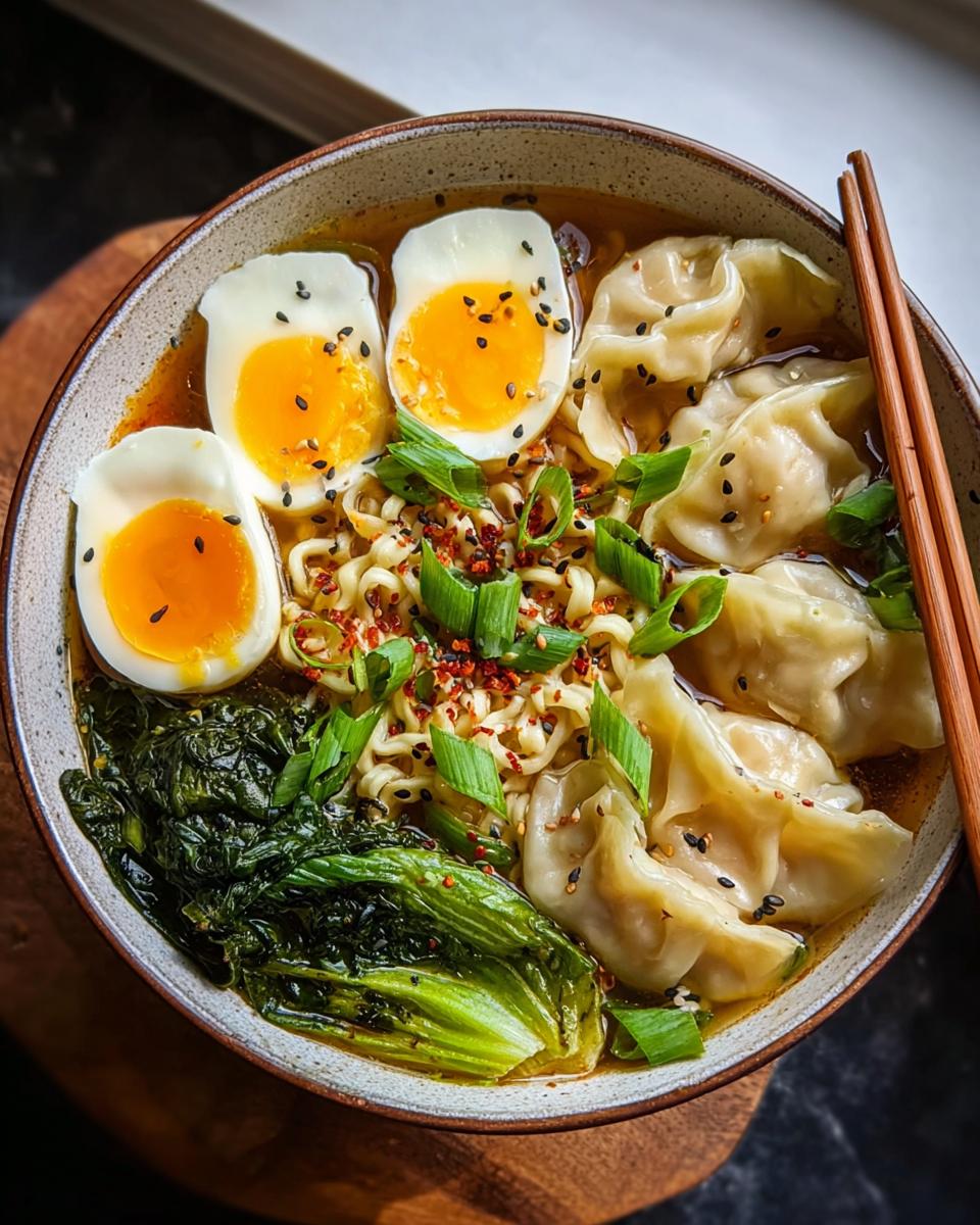Savory Dumpling Ramen Bowl with Soft-Boiled Eggs and Fresh Greens - Other 3