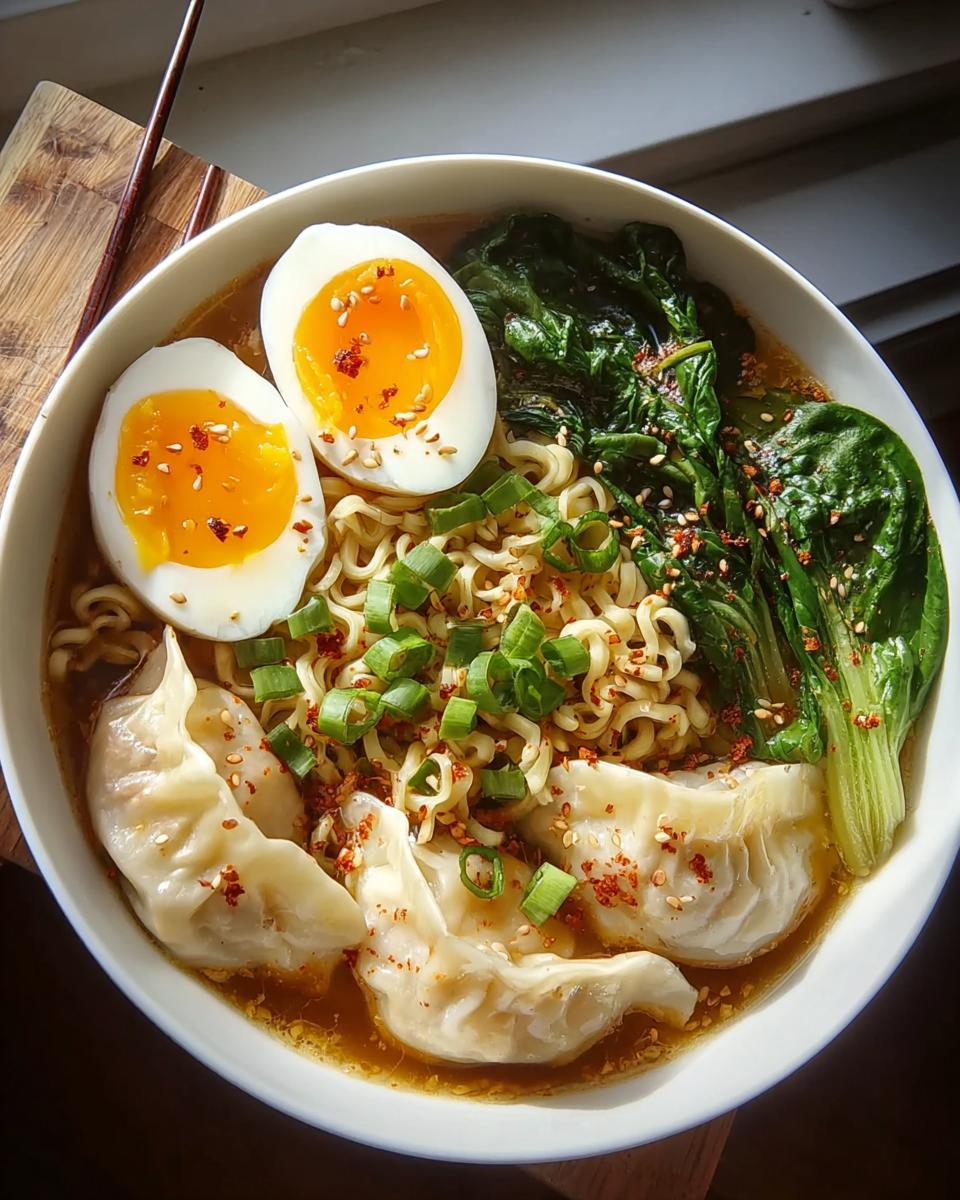 Savory Dumpling Ramen Bowl with Soft-Boiled Eggs and Fresh Greens - Other 4