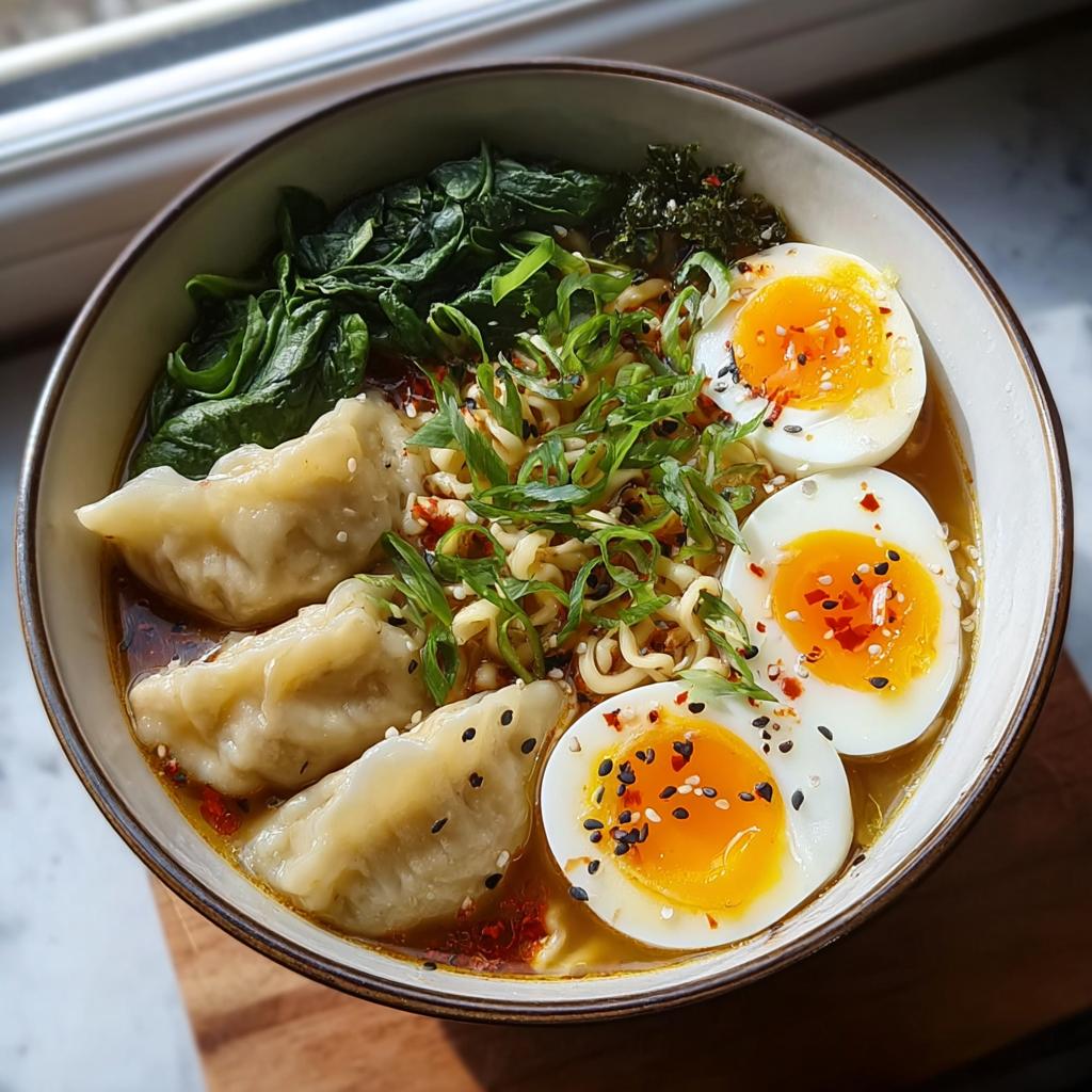 Savory Dumpling Ramen Bowl with Soft-Boiled Eggs and Fresh Greens - Tasty