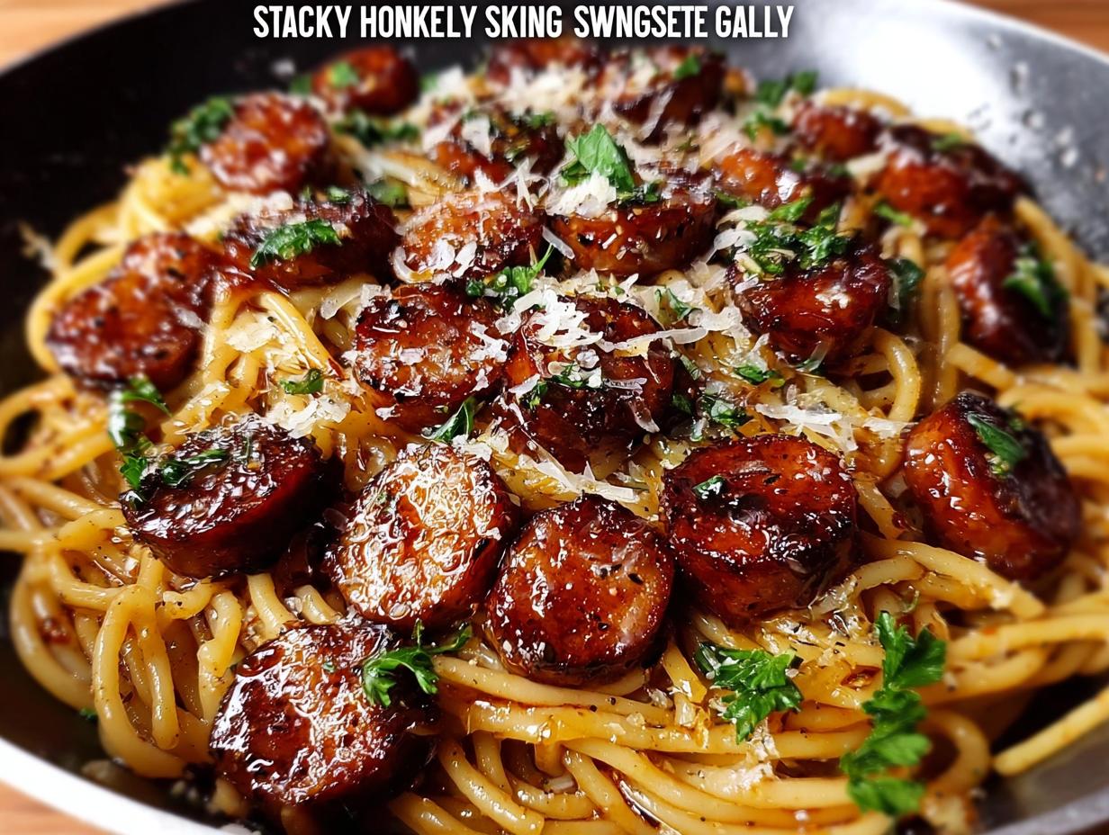 Amazing Sticky Honey Garlic Sausage Pasta Skillet