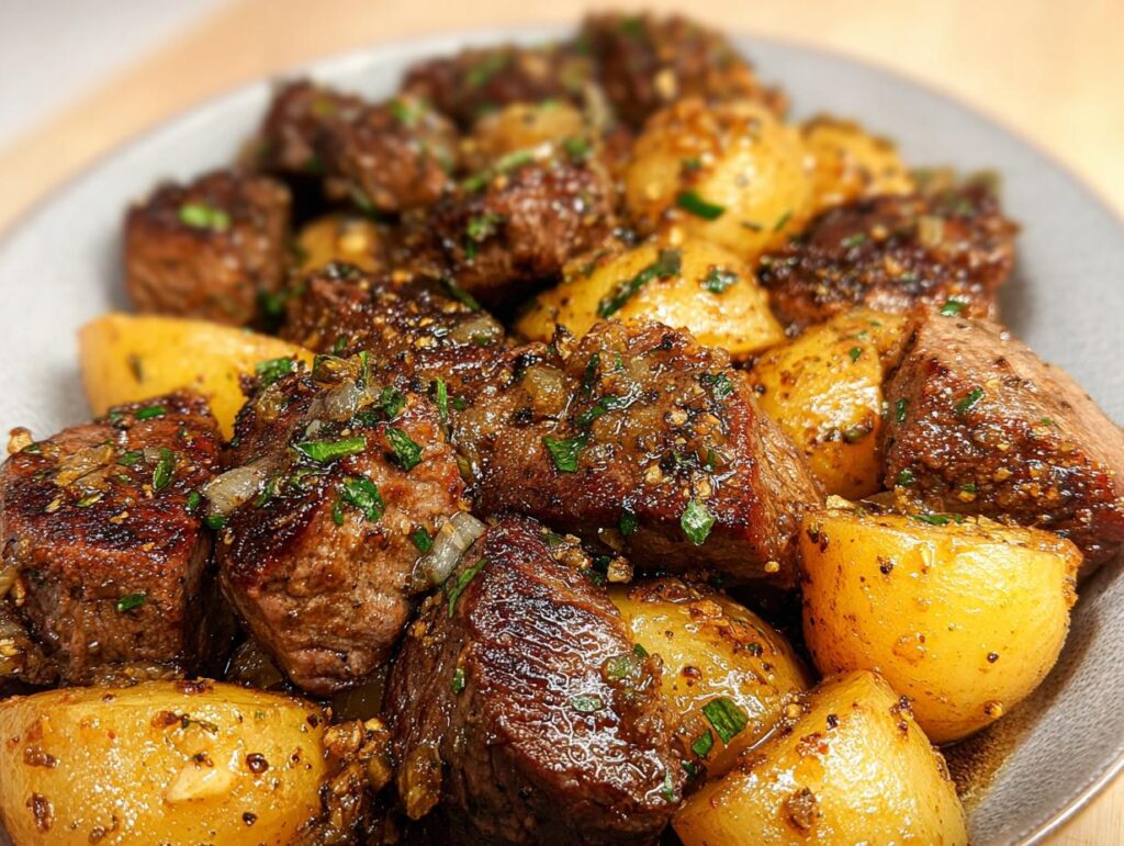The best Garlic Steak Bites and Potatoes Recipe - Featured