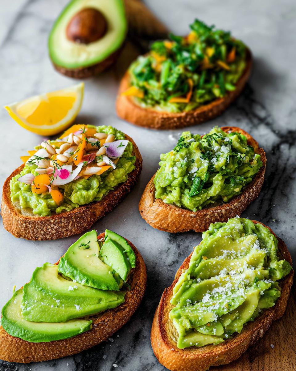 A variety of delicious avocado toast toppings on toasted bread, including sliced avocado, mashed avocado with herbs, and avocado with vegetables.