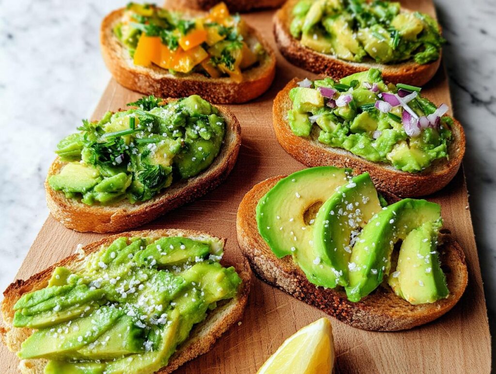 A selection of delicious avocado toast variations topped with fresh avocado, herbs, and red onion.