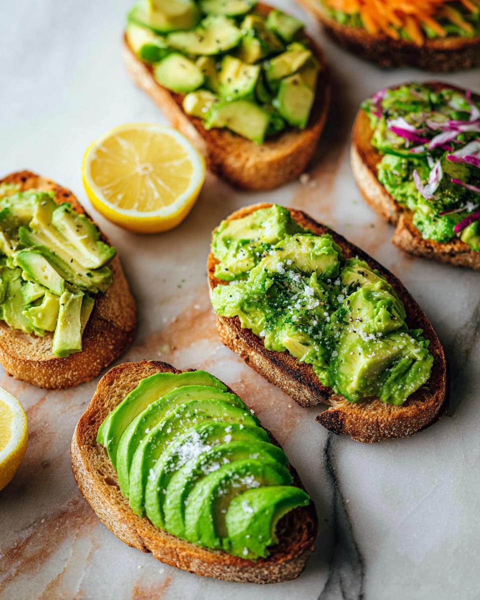 A variety of avocado toast toppings on toasted bread, including sliced avocado, diced avocado, and red onion.