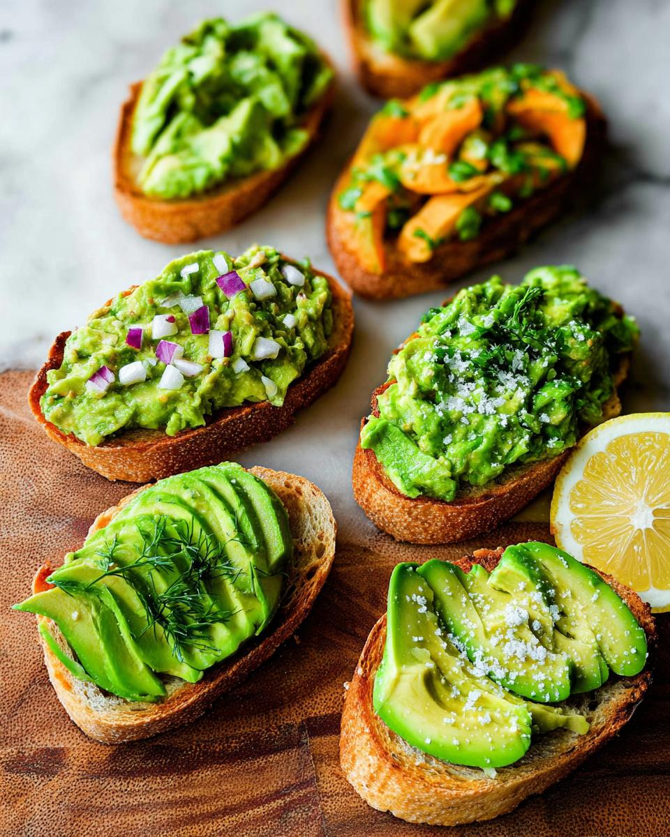 A variety of avocado toast options, including mashed avocado with red onion and sliced avocado with dill.
