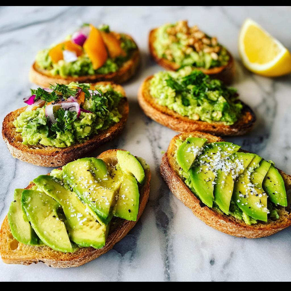 A selection of delicious avocado toast on toasted bread, with various toppings and a lemon wedge.