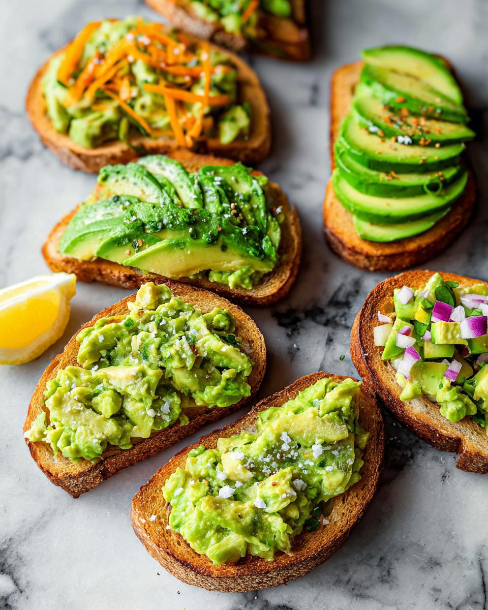 A selection of five different avocado toast variations, showcasing various toppings and preparations.